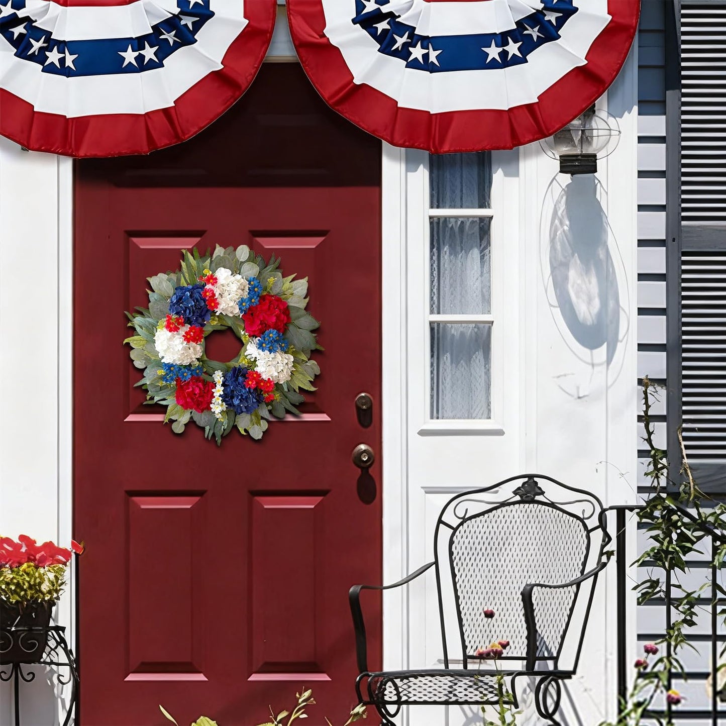 WANNA-CUL 24-Inch Patriotic Hydrangea Wreath - Red, White & Blue 4th of July Door Decor