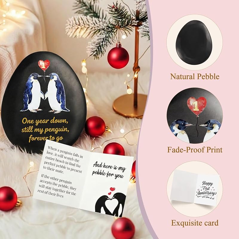 First Anniversary Penguin Pebble Keepsake Gift for Men and Women - 1st Year Anniversary Card Included - Jubilora