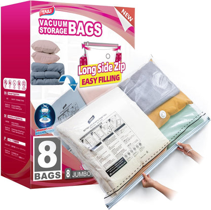 TAILI Jumbo Vacuum Storage Bags - 8 Pack 39x28 Inch | Long Side Zip Seal for Bedding & Clothing Storage