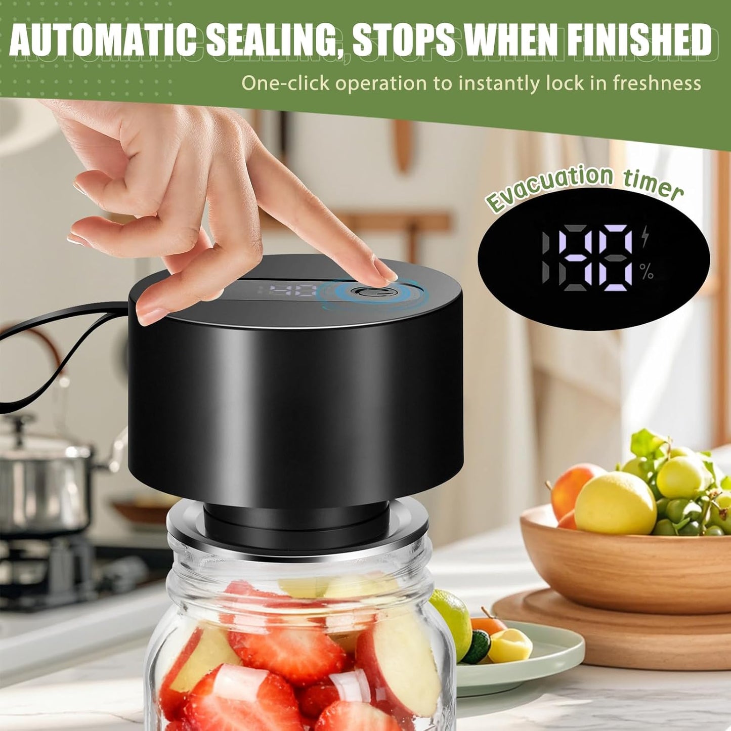 Skiennix Electric Mason Jar Vacuum Sealer Kit - Automatic Food Storage Sealing Machine | Cordless & Compatible with Wide/Regular Mouth Jars