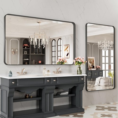LOAAO Black Metal Framed Bathroom Mirror - 48x28 Inch Matte Black Vanity Mirror, Anti-Rust, Tempered Glass