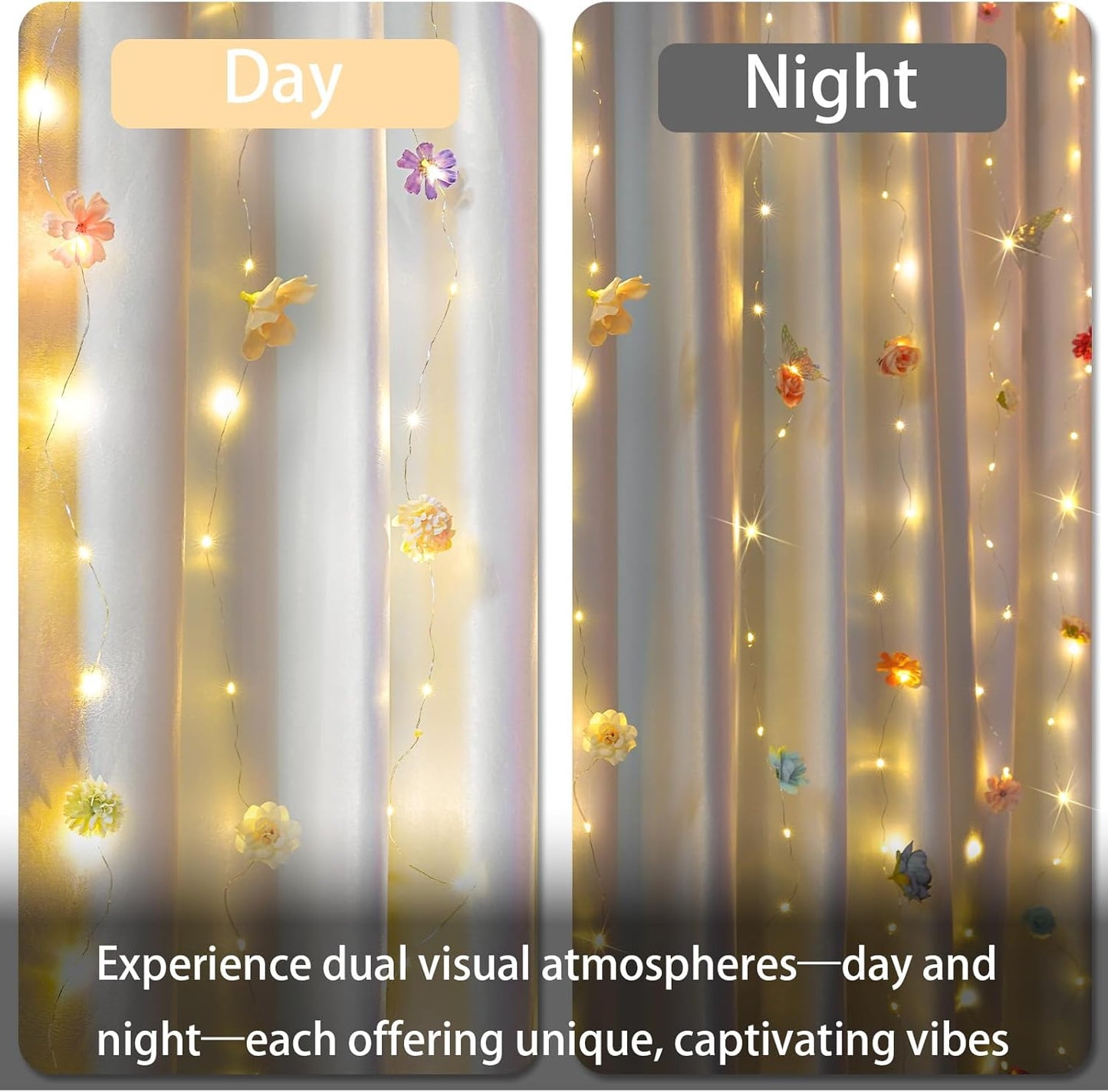 Suddus DIY Curtain Lights Kit - 200 LED Fairy String Lights with 3D Butterflies & Silk Flowers | Remote Control, 8 Modes, USB Powered, 6.5x6.5ft Warm White
