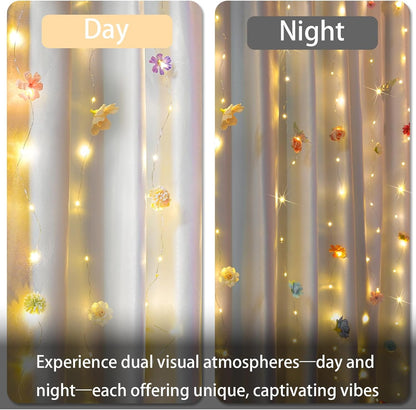 Suddus DIY Curtain Lights Kit - 200 LED Fairy String Lights with 3D Butterflies & Silk Flowers | Remote Control, 8 Modes, USB Powered, 6.5x6.5ft Warm White