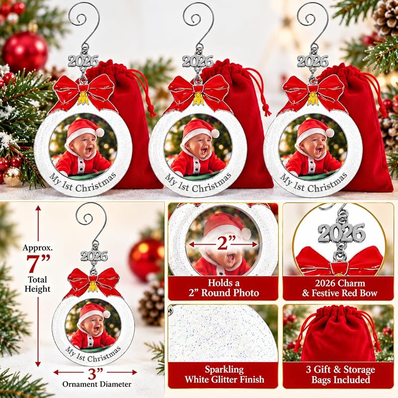 Baby’s First Christmas Photo Ornament Set of 3 - 3 Inch White Glitter Bulb, Red Bow & 2026 Charm (Variation: 3 Pack)