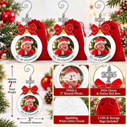 Baby’s First Christmas Photo Ornament Set of 3 - 3 Inch White Glitter Bulb, Red Bow & 2026 Charm (Variation: 3 Pack)