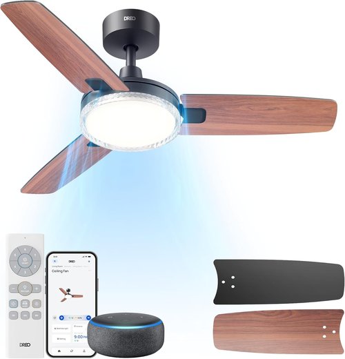 Dreo Smart Ceiling Fan - 42 Inch Black Design with 12 Speeds, Dimmable LED Light & Remote Control