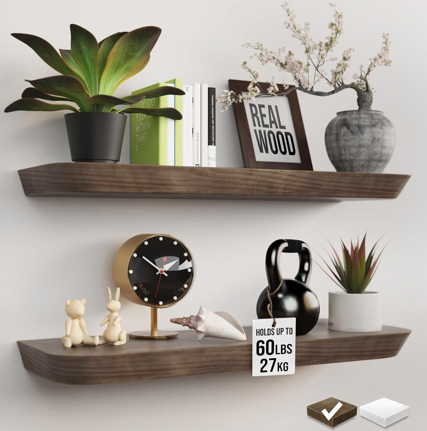 Wood Floating Shelves - 16 Inch Set of 2 | Stylish Bathroom & Bedroom Wall Storage - American Walnut Finish
