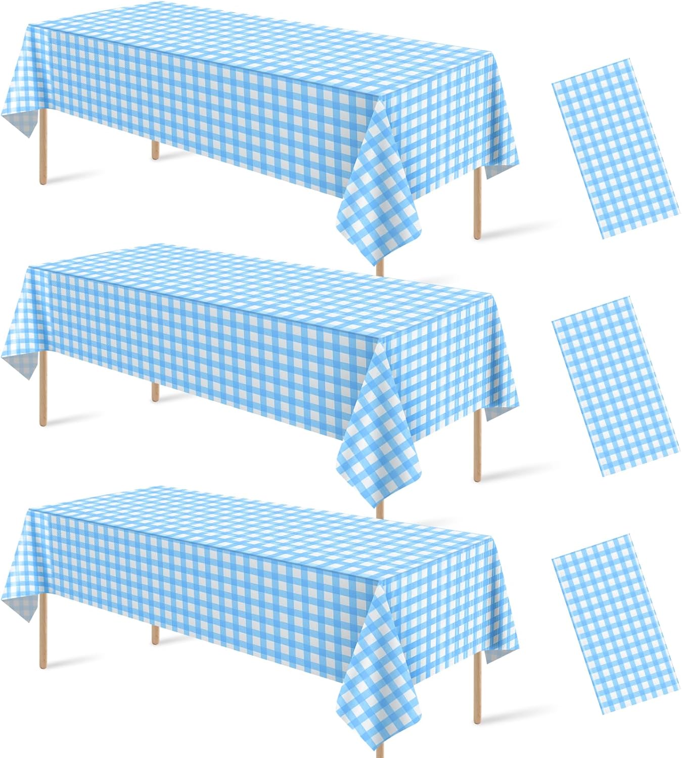 Skiennix Light Blue Gingham Tablecloths - Disposable Plastic Checkered Covers for Parties | 54 x 108 Inch