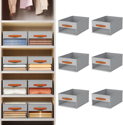 Homsorout Drawer Organizers - 6 Pack Foldable Fabric Pants Organizer with Clear Window & Handles | Grey