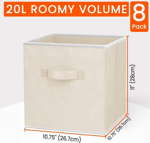Criusia Storage Cubes - 11-Inch Heavy-Duty Fabric Organizers | 8-Pack Collapsible Bins for Clothes, Toys & Blankets - Beige
