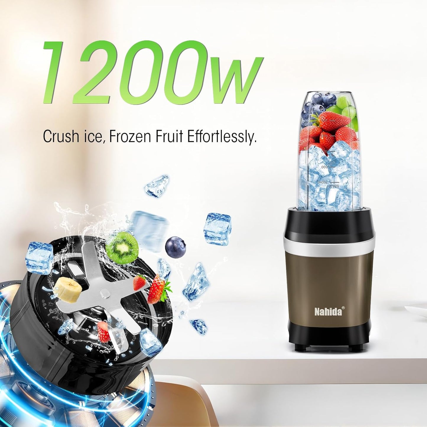 Nahida Blender - 1200W Smoothie Maker with 2 Six-Fin Blades & Easy Go Cups | Brown, 23oz, 32oz, 37oz