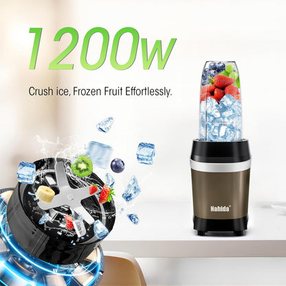 Nahida Blender - 1200W Smoothie Maker with 2 Six-Fin Blades & Easy Go Cups | Brown, 23oz, 32oz, 37oz