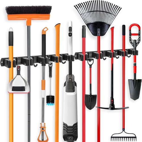 IMILLET Wall Mounted Broom and Mop Holder - Heavy Duty Stainless Steel Organizer with 5 Racks & 4 Hooks