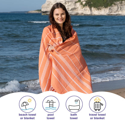 PADISHAHHOME Turkish Beach Towels, Pack of 2 | Oversized, Quick Dry, Sand Free | 100% Cotton, Large 38x71 Towels for Beach, Pool, Travel | Ultra-Soft, Compact, and Absorbent | Orange