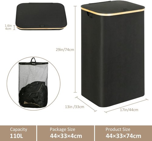 iEGrow Laundry Hamper - 110L Large Collapsible Basket with Lid & Handle | Removable Inner Bag - Black