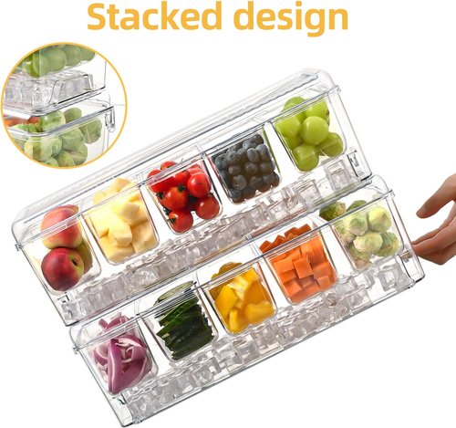 Large Chilled Condiment Caddy,Stackable Chilled Condiment Containers Server with Lids for 5 Removable Compartments (5 Containers, 1 pack)