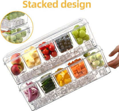 Large Chilled Condiment Caddy,Stackable Chilled Condiment Containers Server with Lids for 5 Removable Compartments (5 Containers, 1 pack)