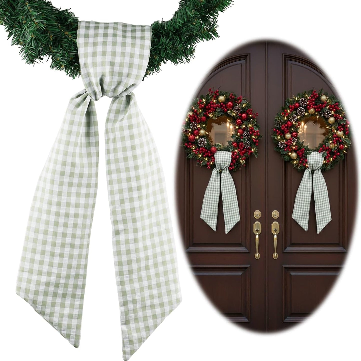 Skiennix Wreath Sash - Green White Checkered Plaid Bow Ribbon Bundle for Home Decor | 2 Pack (5.12" x 54.33")