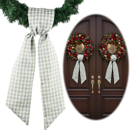 Skiennix Wreath Sash - Green White Checkered Plaid Bow Ribbon Bundle for Home Decor | 2 Pack (5.12" x 54.33")