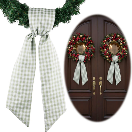 Skiennix Wreath Sash - Green White Checkered Plaid Bow Ribbon Bundle for Home Decor | 2 Pack (5.12" x 54.33")