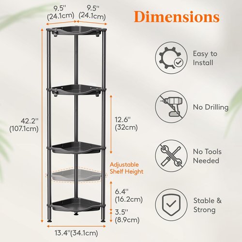 Lifewit Shower Caddy - 4-Tier Rustproof Bathroom Organizer with Adjustable Feet & Hooks | Black, 34 x 24 x 107 cm
