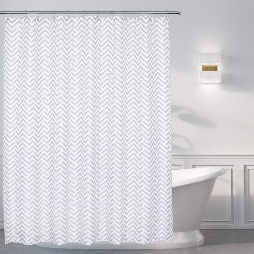 Mrs Awesome Fabric Shower Curtain with Geometric Pattern, Hotel Grade, Water Repellent, Washable, White and Gray, 72 x 72 inches