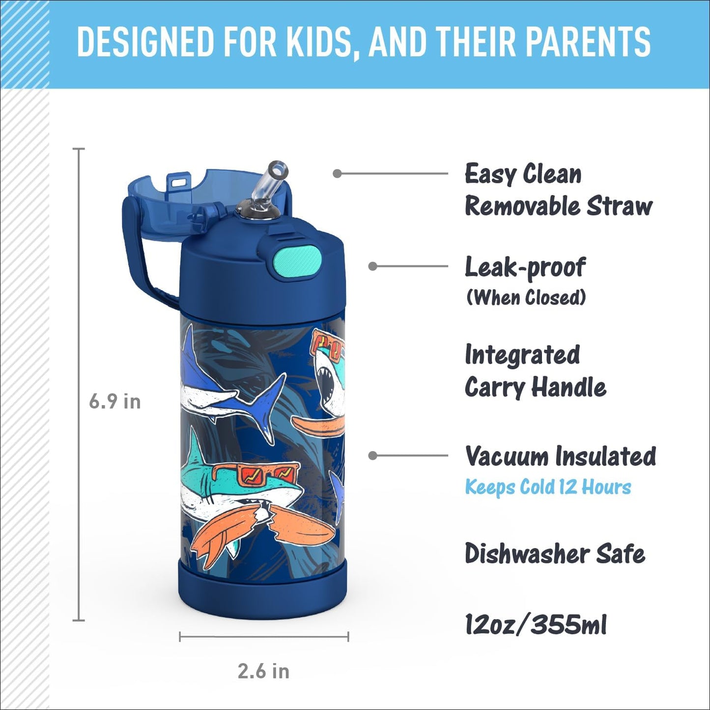 THERMOS FUNTAINER Water Bottle - 12 Ounce Kids Stainless Steel Insulated Bottle with Straw - Surfin Sharks