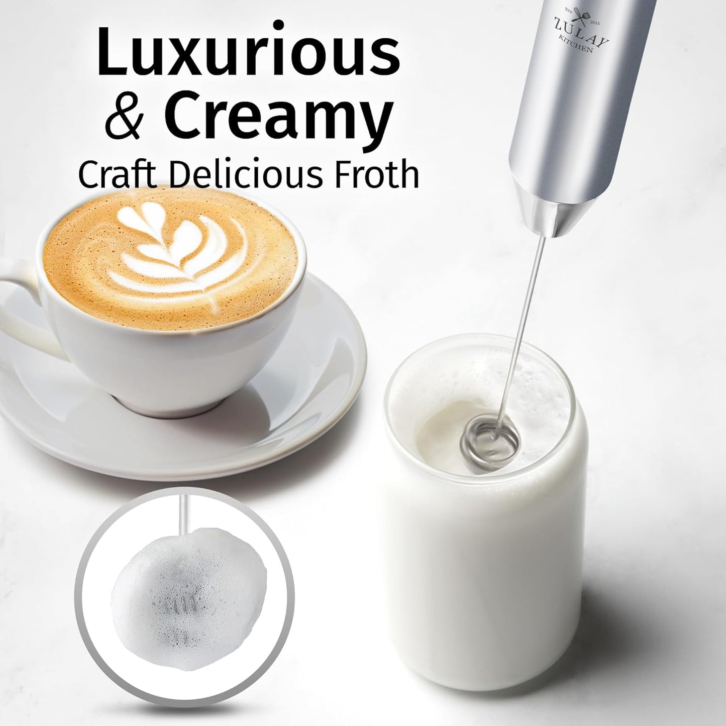 Zulay Kitchen Rechargeable Milk Frother - Powerful 2-Speed Motor, Waterproof, 2000mAh Battery | Pure Silver Drink Mixer for Lattes, Cappuccinos, Matcha & Protein Powder