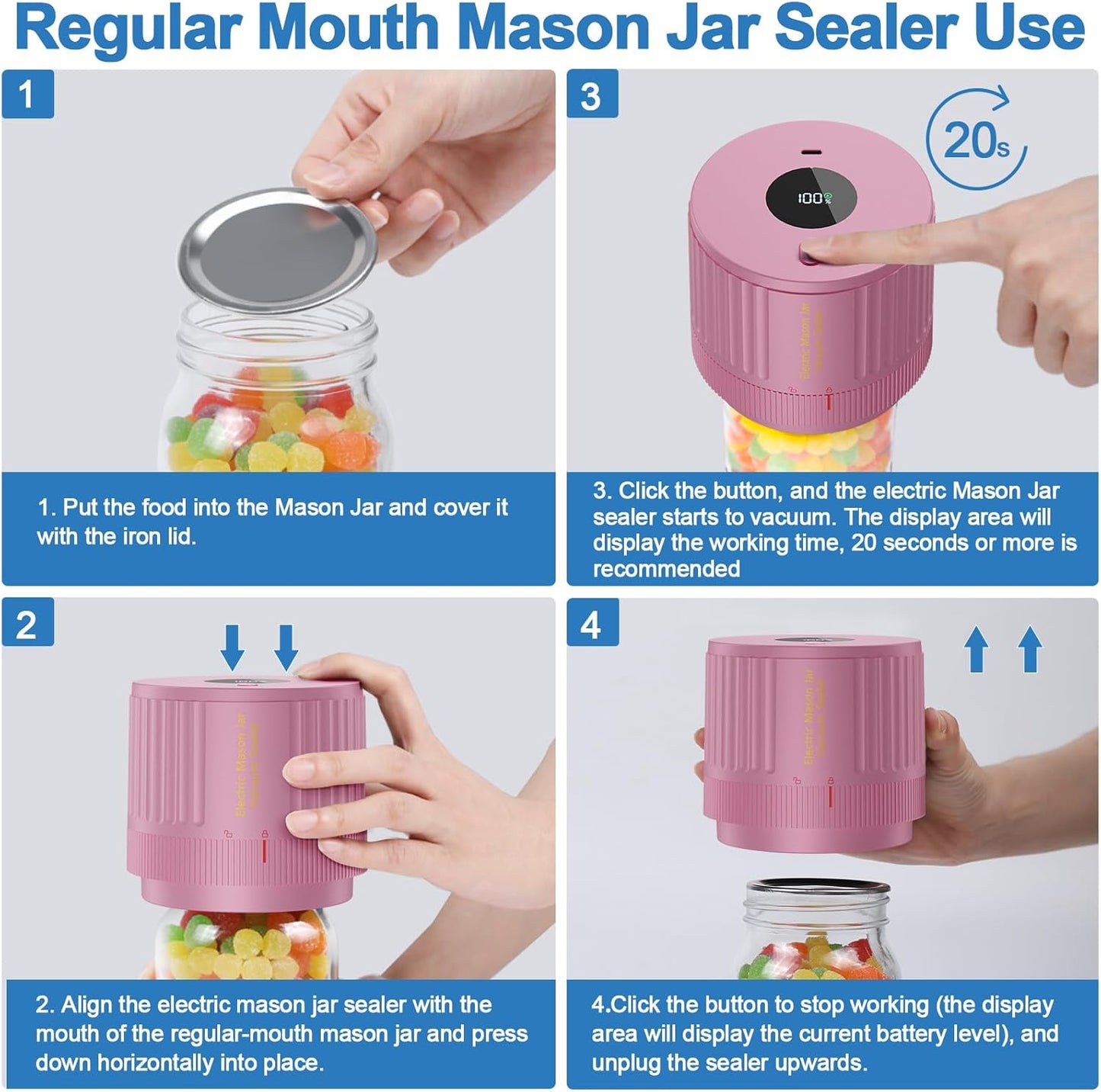 Skiennix Electric Mason Jar Vacuum Sealer Kit - Ideal for Wide & Regular Mouth Jars - Pink