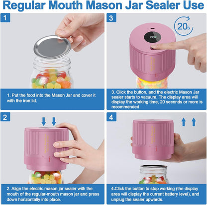 Skiennix Electric Mason Jar Vacuum Sealer Kit - Ideal for Wide & Regular Mouth Jars - Pink