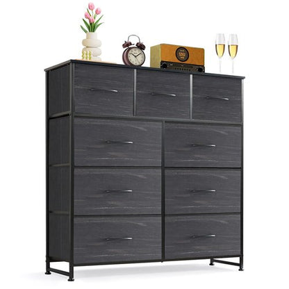 9-Drawer Dresser for Bedroom, Anti-Tip Tall Storage Organizer Chest of Drawers with Wooden Top and Metal Frame Fabric Bins for Closet, Living Room, Hallway, Entryway, Charcoal Black