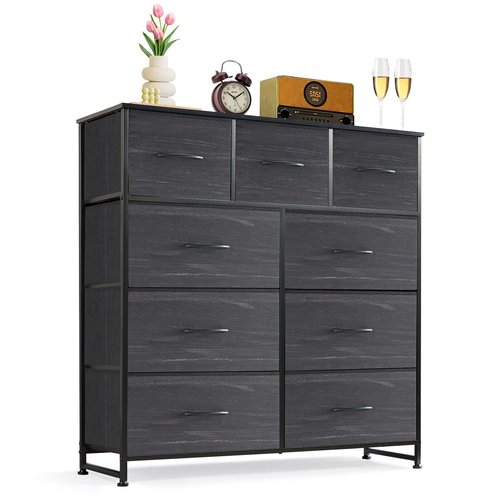 9-Drawer Dresser for Bedroom, Anti-Tip Tall Storage Organizer Chest of Drawers with Wooden Top and Metal Frame Fabric Bins for Closet, Living Room, Hallway, Entryway, Charcoal Black