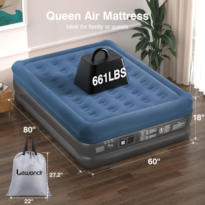Lewondr Queen Air Mattress with Built in Pump, 18" Deluxe Blow Up Mattress Airbed, Comfy Self Inflating Air Mattress, 3Min Fast Inflatable Mattress for Camping, Home, Guests, Travel(661lb MAX), Blue