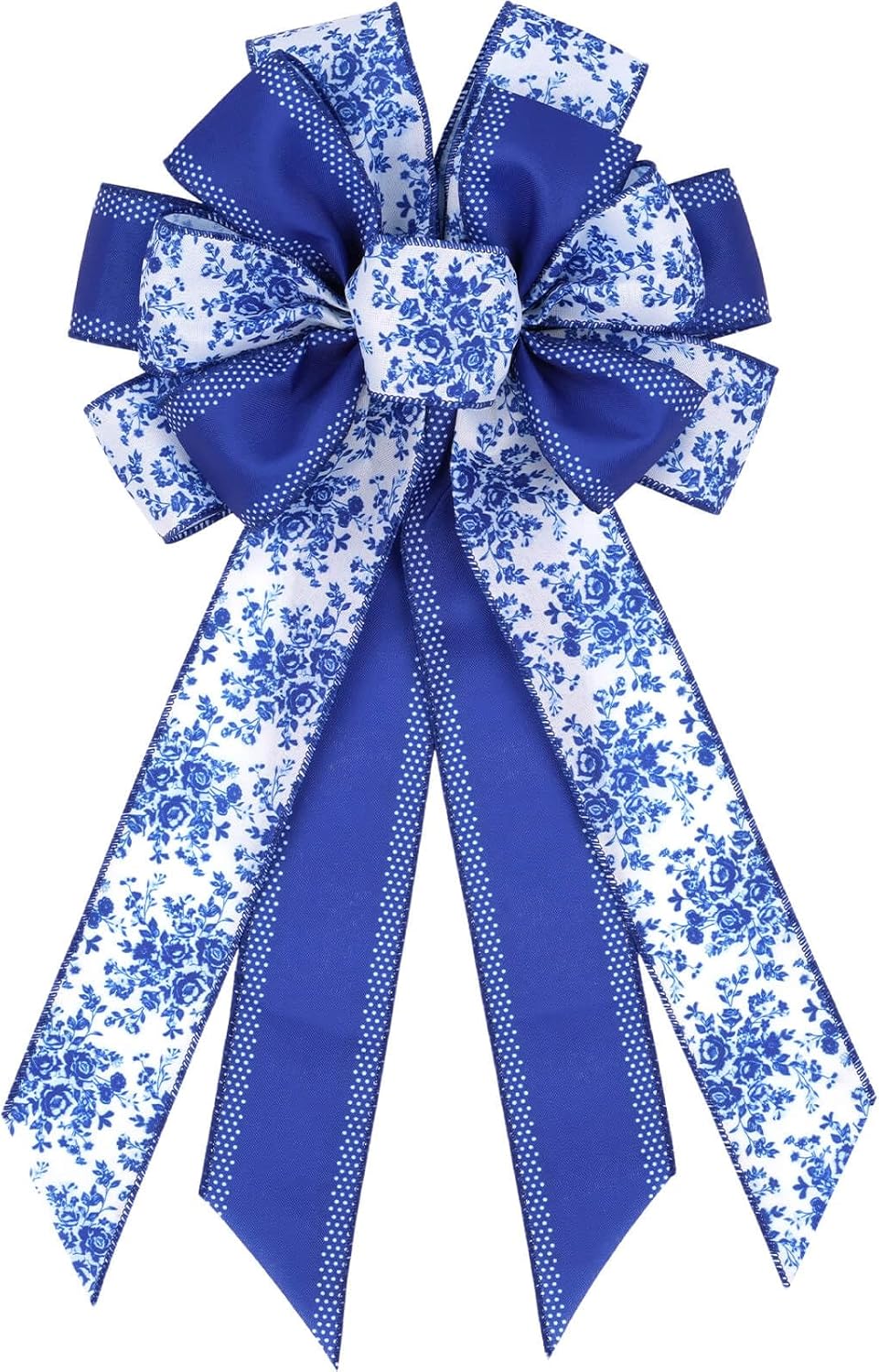 Chinoiserie Wreath Bow by Blue - 21-Inch Large Spring Floral Wired Ribbon for Front Door Decor