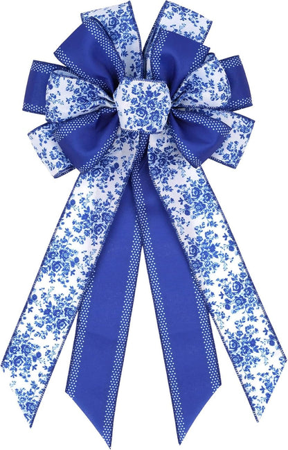 Chinoiserie Wreath Bow by Blue - 21-Inch Large Spring Floral Wired Ribbon for Front Door Decor