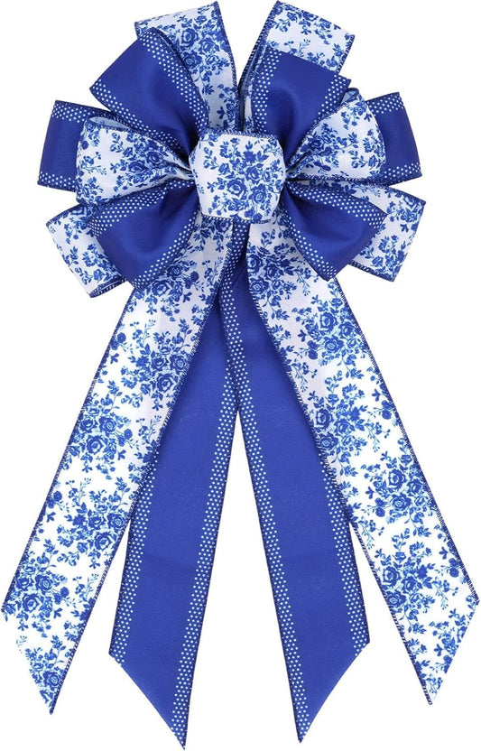 Chinoiserie Wreath Bow by Blue - 21-Inch Large Spring Floral Wired Ribbon for Front Door Decor