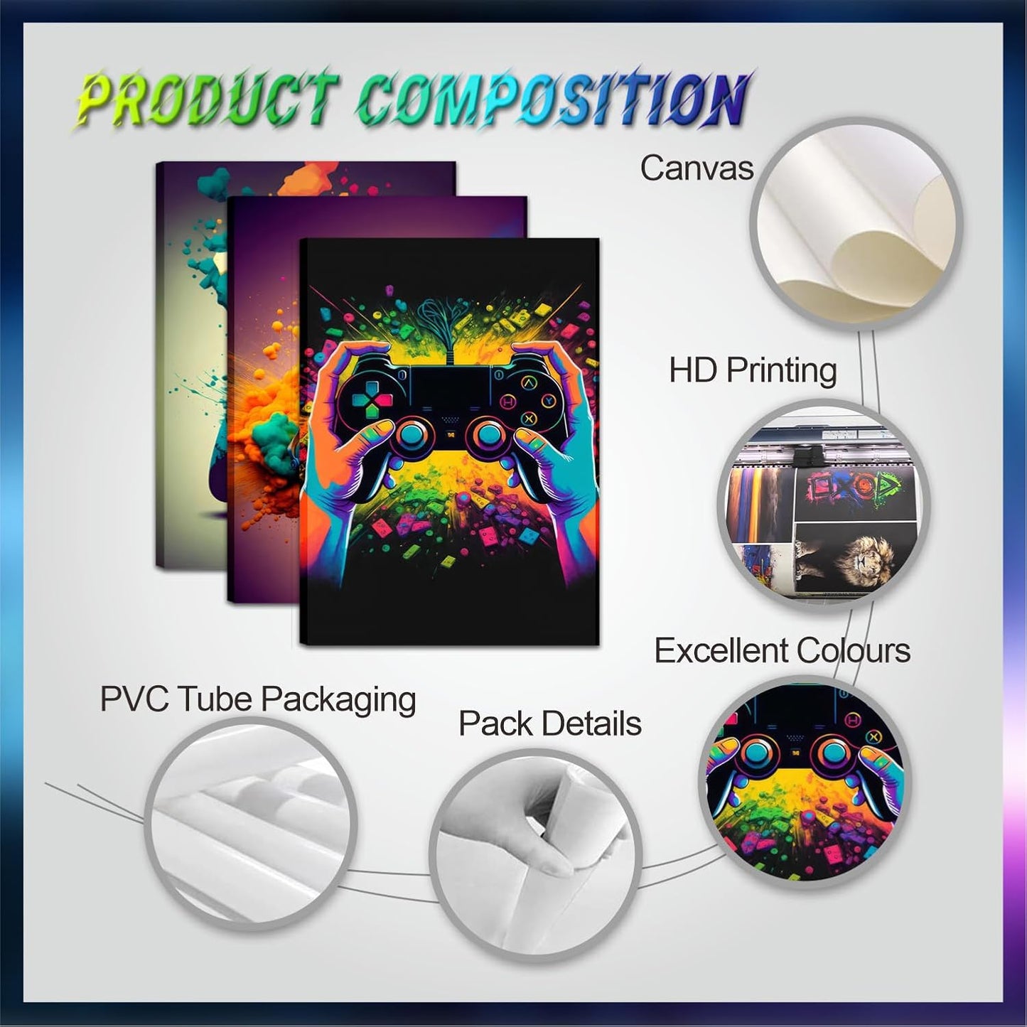 Skiennix Gaming Room Decor | Set of 3 Framed Canvas Posters - Video Game Controller Art for Boys 16x24 in