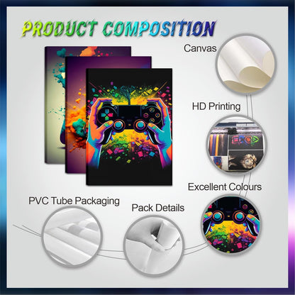 Skiennix Gaming Room Decor | Set of 3 Framed Canvas Posters - Video Game Controller Art for Boys 16x24 in