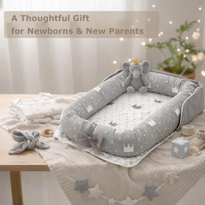 **Baby Lounger | 100% Cotton Breathable Infant Support Cushion - Adjustable Size, Portable for Home & Travel (Crown Grey)**