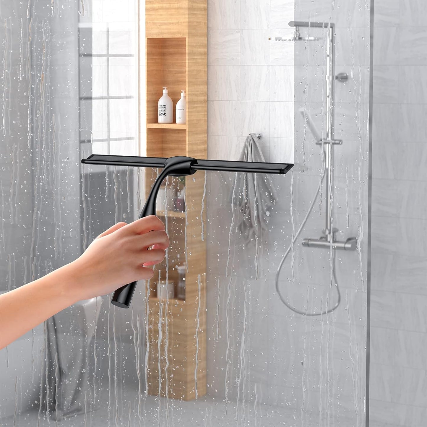 Skiennix Stainless Steel Shower Squeegee Set - 14-Inch with Hooks & Spare Silicone Blade | Ideal for Glass Doors, Mirrors & Windows