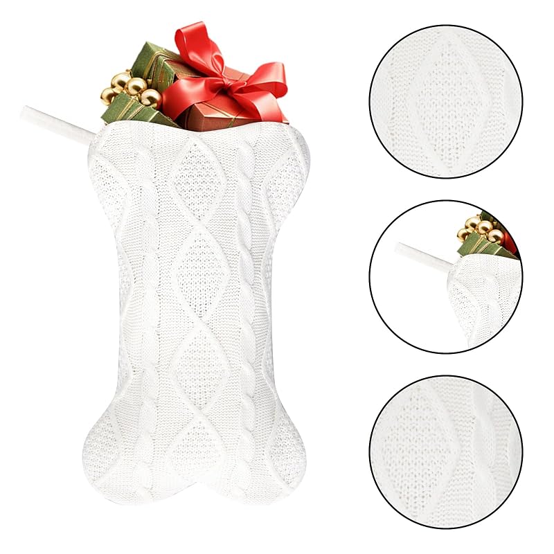 White Bone-Shaped Knitted Dog Christmas Stocking - Large 16.5" x 9.4"