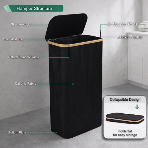 ErraLife Slim Laundry Hamper with Lid, 60L Capacity, Bamboo Handles, and Steel Ring Removable Inner Bag - Collapsible Clothes Basket Laundry Organizer for Bedroom, Bathroom, Dorm, Black