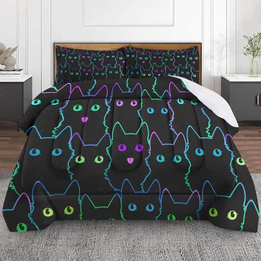 Culudea Cute Cat Halloween Comforter Set Queen Size Comforter Neon Funny Gothic includes Comforter & Pillowcase Bedding for All Seasons Kids and Adults Bedroom Bed Decor