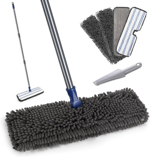 Masthome Flat Dust Mop - 2-Sided Microfiber Mop with 4 Reusable Pads for Wet & Dry Cleaning | Ideal for Hardwood, Tile, Vinyl