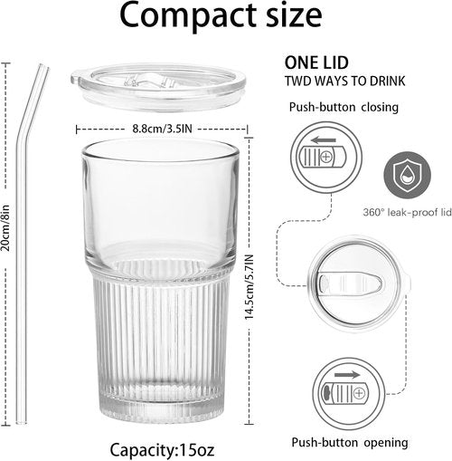 Luiaiog Glass Cups - 18.5oz Reusable Tumblers with Lids & Straws | Shatter-Resistant, Ideal for Iced Coffee & Smoothies