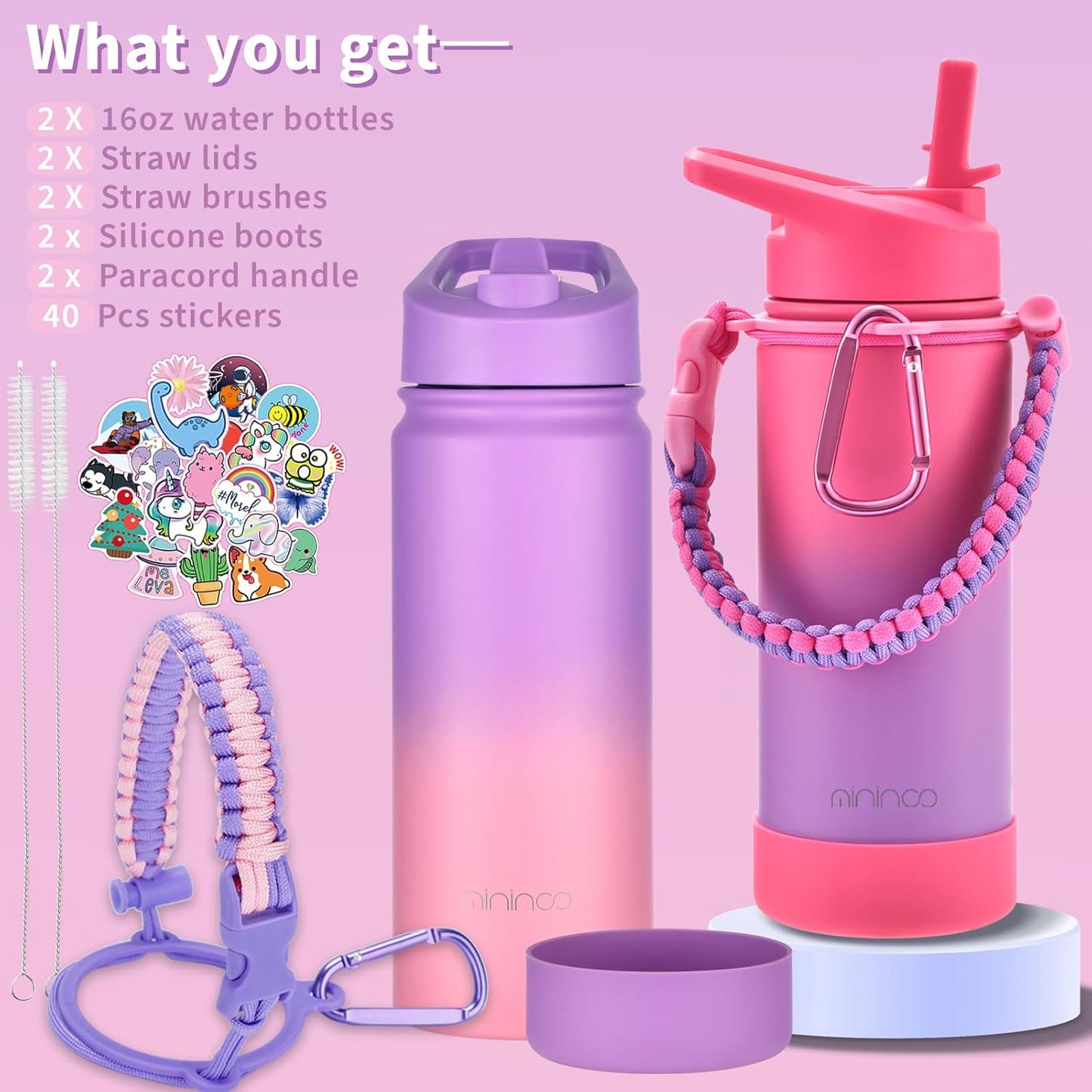 Mininoo Insulated Kids Water Bottle - 16oz Stainless Steel with Paracord Handle | 2 Pack for Boys & Girls