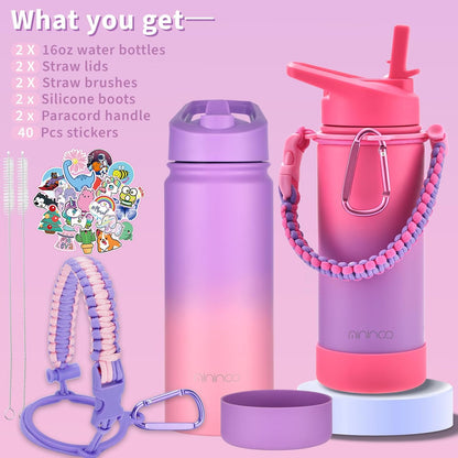 Mininoo Insulated Kids Water Bottle - 16oz Stainless Steel with Paracord Handle | 2 Pack for Boys & Girls