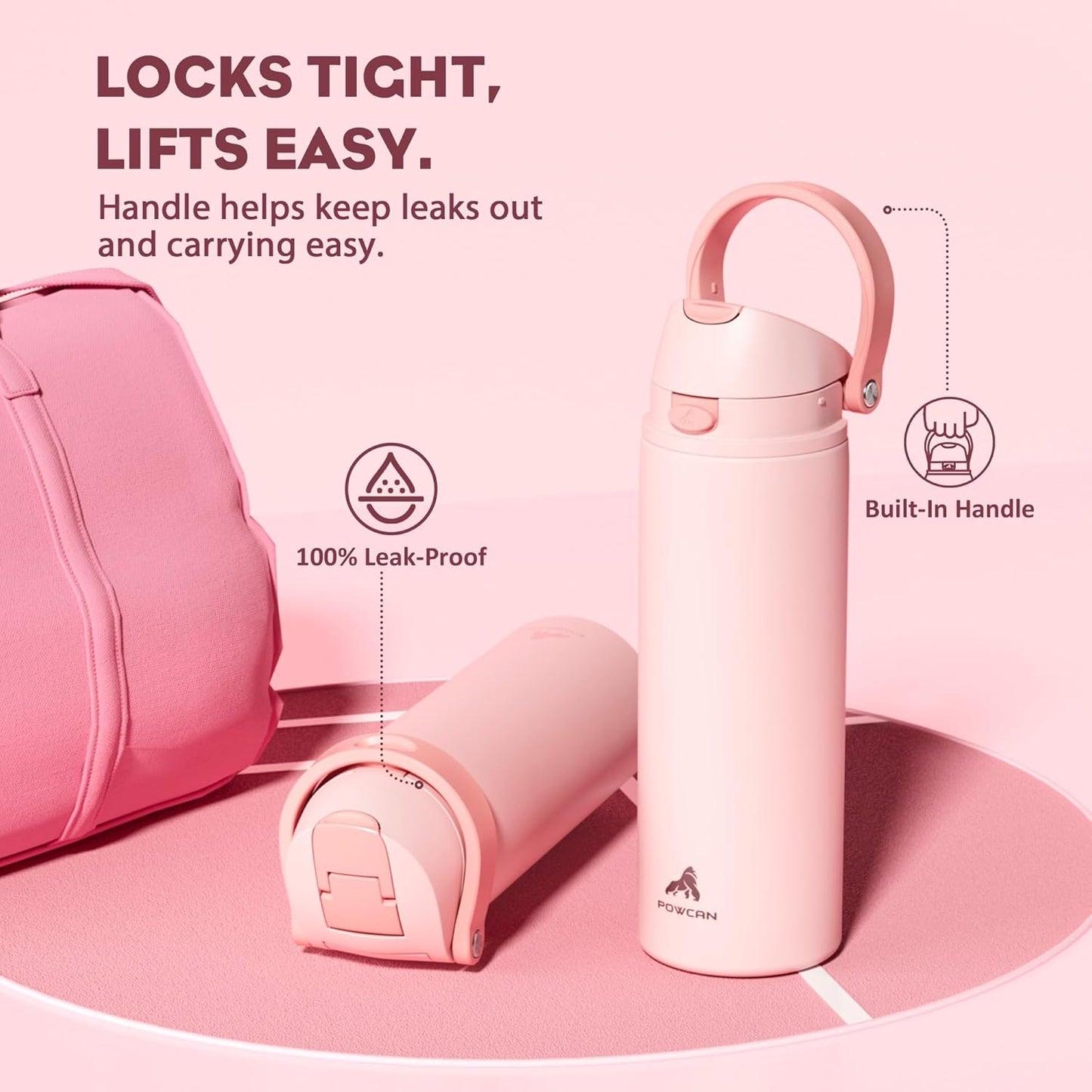 POWCAN 24 oz Insulated Water Bottle - 2-in-1 Lid with Push-Button Spout & Quick-Flip Straw | Leakproof, Stainless Steel, Cotton Candy