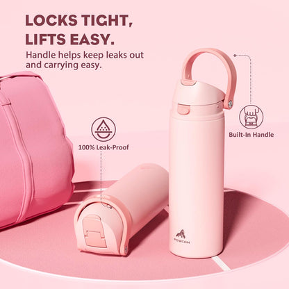 POWCAN 24 oz Insulated Water Bottle - 2-in-1 Lid with Push-Button Spout & Quick-Flip Straw | Leakproof, Stainless Steel, Cotton Candy
