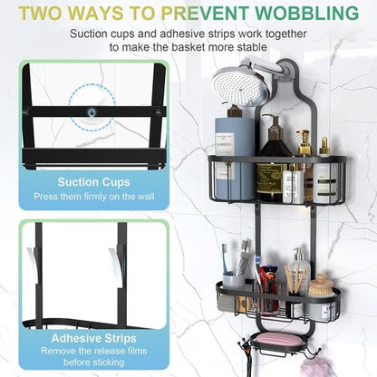 Kadolina Shower Caddy - Over-The-Showerhead Bathroom Organizer with Soap Dish & Hooks | Black